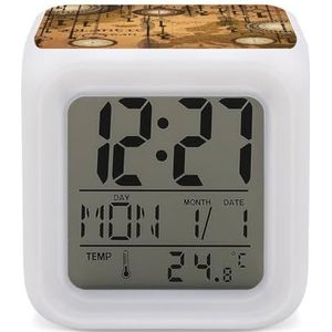Vintage Kaart En Klokken Digitale Wekker voor Slaapkamer Datum Kalender Temperatuur 7 Kleuren LED Display