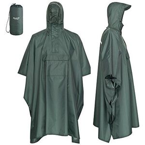 AWHA Regenponcho voor dames en heren, waterdicht en extra lang, voor wandelen, paardrijden, fietsen, outdoor, regenbescherming, herbruikbaar, met tas, donkergroen, S/M