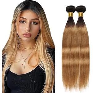 Salharer Straight Human Hair Bundles 2 Extension Machine Double Wefts 100% Unprocessed Brazilian Virgin Remy Weave Grade 8A Ombre Black to Blonde Color for Woman 12 14 Inch