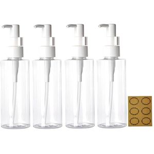 4 stuks 150 ml lege lotion pompdispenser - Apstaqeoo navulbare plastic doorzichtige reisflessen ronde make-up cosmetische container gel pomp flesdispenser met label voor crème shampoo massage