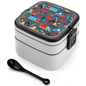 Bouw Voertuig Kraan Vrachtwagens Digger Bento Lunch Box Dubbellaags All-in-One Stapelbare Lunch Container Inclusief Lepel met Handvat