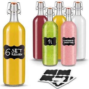 Creative Home 6 x Glazen Flessen Set | 6 x 1L | Eén liter Vintage Luchtdicht Clip-Top Stopdeksel Water Opslag Karaf Navulbaar | 8 Herbruikbare Stickers en 1 Anti-Stof Krijt