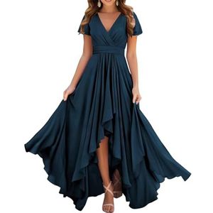Dames chiffon bruidsmeisjes jurken met split lange galajurken ruches cocktailjurk plus size, Donkerblauw, 32