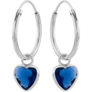 Zilveren oorringen met hanger, hartvormige cubic zirkonia steen kleur capri blue