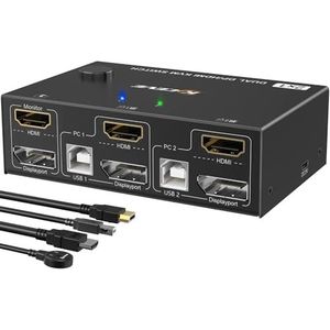 Dual Monitor KVM Switch HDMI+Displayport 4K@60Hz,MLEEDA KVM Switch 2 PC 2 Monitoren Geschikt voor 2 Computers Share 2 Monitors en 4 USB 2.0 Poorten, Desktopcontroller en 4 Kabels Inbegrepen