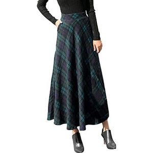 Sanahy Dames hoge elastische taille maxi rok A-lijn geruite winter warm flare lange rokken vintage wollen rok midi-rok met zakken, Blauw, XXL