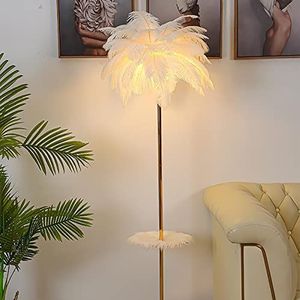 Natuurlijke Struisvogelveren Vloerlamp, Scandinavische Bedlamp, Warm Licht/Wit Licht/Neutraal Licht, 5*g4 Lichtbron, Toepasbare Ruimte 10-15㎡(50x160cm),White