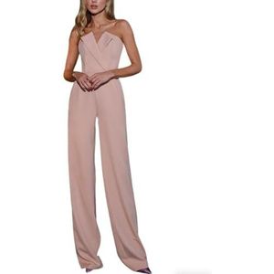 KWISUAWHGA Dames Jumpsuit Uit één Stuk Sexy Off-Shoulder Middelhoge Taille Wijde Pijpen Effen Kleur Casual Elegant Lange Broek Jumpsuits,Roze,L