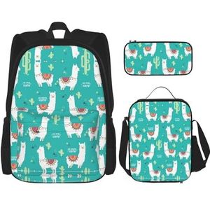 SUHNGE Cartoon Leuke Print School Casual Rugzak 3 in 1 Boekentas Set Geïsoleerde Lunch Tas Schooltas Potlood Case, Indiase Alpaca, Eén maat