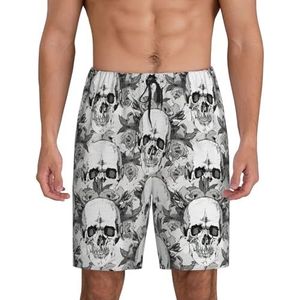 Heren schedel skelet print lounge shorts pyjama bodems nachtkleding shorts kerst shorts losse sportbroek, Zwart, L