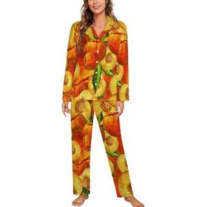 Perzik Fruit Patroon Vrouwen Lange Mouw Button Down Nachtkleding Zachte Nachtkleding Lounge Pyjama Set S