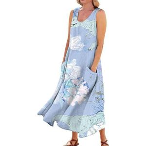 HHuiXinXue Maxi-jurk voor dames, casual, U-hals, mouwloos, zomerjurk, bloemenprint, strandjurk met zakken, kleur-4, M