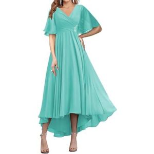 WSEYU Korte Mouw Moeder Van De Bruid Bruidegom Jurken Chiffon Kralen Formele Avond Grootmoeder Jurken Thee Lengte ZM194, Turkoois, 56 NL/Plus