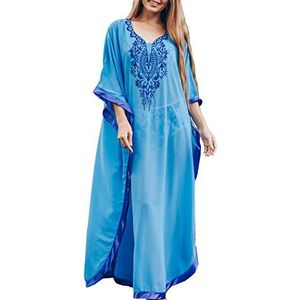 AiJump Kaftan Beach Maxi jurk voor dames, katoenen print - blauw - Een maat