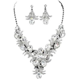 Luxe Paars Crystal Bloem Sieraden Sets Voor Vrouwen Bruiloft Accessoires Strass Oorbellen Ketting Sets, kristal, Witte diamant