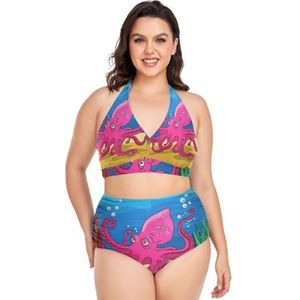 Cartoon Baby Roze Octopus Vrouwen Bikini Sets Plus Size Badpak Twee Stukken Hoge Taille Strandkleding Meisjes Badpakken, Pop Mode, XL