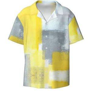 Grijs en Geel Abstracte Kunst Schilderen Print Heren Jurk Shirts Casual Button Down Korte Mouw Zomer Strand Shirt Vakantie Shirts, Zwart, S