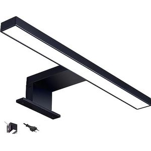 Led-spiegellamp met stekker, badkamerlamp, make-uplicht, zwart, mat, wandlamp, opbouwlamp, kastverlichting, klemlamp, warmwit, 230V, 220lm, IP44, 300 mm