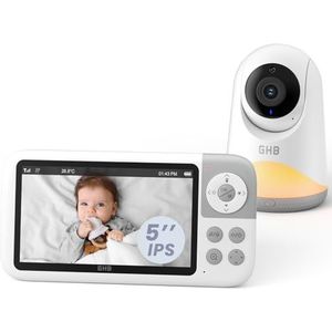 GHB Babyfoon met camera, 5 inch HD-scherm, 720P, VOX, energiebesparende modus, 3 x zoom, nachtzicht, intercomfunctie, 8 weegliedjes, 4 camera's ondersteund