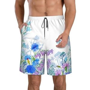 JIAWUJYNB Libelle en bloemenprint strandshorts voor heren, lichtgewicht, sneldrogend trekkoord zwembroek met zakken, Wit, M