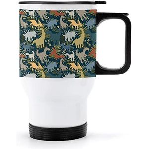Kleurrijke Dinosaurussen Patroon Reizen Koffie Mok Met Handvat Geïsoleerde Rvs Tumbler Met Deksel Auto Drink Cup 15oz
