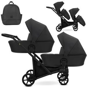 Kunert Brav Duo 2-in-1 BBtwin Duo Dubbele kinderwagen van kunstleer, tweedelige tweelingwagen met babybadjes en stoelen van eco-leer (zwart)