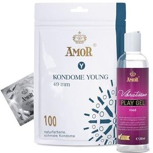 Set AMOR Premium Condoom en Glijmiddel - Ideale partners voor goede seks, 100 Condooms Ø 49 mm + Vibratissimo Play Gel med 250 ml