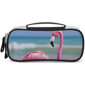 DWTJKMS Een Roze Flamingo Op Strand Lederen Make-uptas Draagbare Kleine Cosmetische Organizer Waterdichte Toilettassen Borstels Potloden En Reizen Make Up Accessoires
