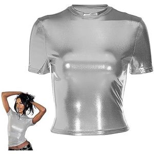 Glanzende topjes voor dames, holografisch metallic korte mouwen, slim fit T-shirt, glinsterende crop top, mock neck party blouse glitter disco T-shirt blouse voor festival rave dans kostuum clubwear,