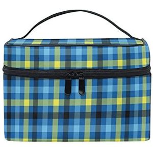 Tartan Blue Grid Make-up Tas voor Vrouwen Cosmetische Tassen Toilettas Trein Case