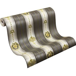A.S. Creation - Vinylbehang - Zwart-Wit-Goud - Strepenpatroon met Barokornamenten - 10,05 x 0,53 m