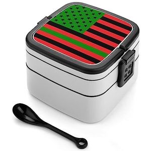 Afro-Amerikaanse Vlag Bento Lunch Box Dubbellaags All-in-One Stapelbare Lunch Container Inclusief Lepel met Handvat