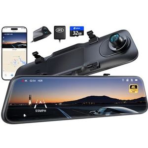Pelsee P12 Pro 4K Mirror Dash Cam, 12'' Rear View Mirror Camera Smart Driving Assistant w/ADAS and BSD,2160P Front and Rear Camera,Voice Control,Night Vision,Parking Monitoring,Free 32GB Memory Card