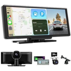 10,26 Inch Wireless Carplay Screen voor Car Play en Android Auto, Draadloze Autoradio met 4K Dashcam/1080P HD Achteruitrijcamera/Bluetooth/FM/AUX/64G TF/Mirror Link/Spraakbesturing/GPS-Navigatie