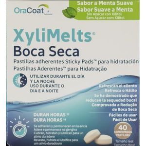Xylimelts- Zelfklevende Tabletten tegen Droge Mond - lange Werkingsduur - Uitstekend te Gebruiken 's Nachts + overdag (Milde Munt) - 40 Tabletten