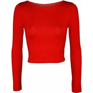 Dames crop T-shirt met lange mouwen dames korte effen basic ronde hals shirts top 8-14, Rood, 34-36