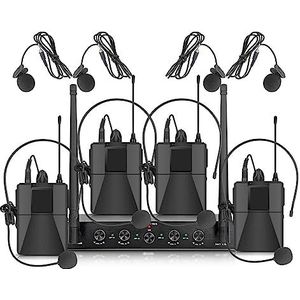 Geluidskaartset, Audio AU400 UHF Pro 4 kanaals Bodypack Lavalier & Headset Draagbare Draadloze Microfoon Systeem for Karaoke Kerk Party