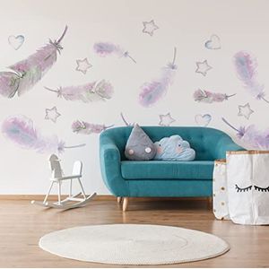 Muralo Zelfklevend Fotobehang 520x318 Aquarel Veren Sterren Harten Speelkamer Kinderkamer Moderne Wandafbeeldingen XXL Wanddecoratie Abstract Luxe Br. 520 cm x H. 318 cm