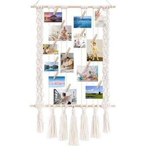 Yopeissn Hangende fotodisplay met 30 houten clips macramé muur opknoping fotohouder collage fotolijst voor boho decor