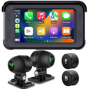 ydi Waterdichte motorfiets dashcam met draadloze CarPlay & Android Auto, 5"" IPS-aanraakscherm, camera voor en achter, HD 1080P, TPMS, Bluetooth, Wi-Fi, GPS, max. 256 GB