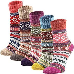 Bestmaple 5 paar dikke wintersokken voor dames en dames, warme wollen kerstsokken, Scandinavische nieuwigheid sok, Rood, L