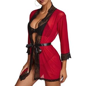 Dames Babydoll Lingerie Lace Sexy Black Open Chest Mesh Bathrobe Pajamas Red M
