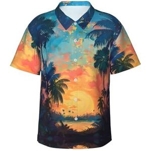 Tropische zonsondergang print heren Hawaïaans shirt funky strand casual heren korte mouw zomer aloha shirts button down shirts M-XXL, Zwart, M