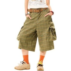 KWISUAWHGA Geruite Cropped Broek Voor Dames Loose Fit Wijde Pijpen Rechte Zomer Lage Taille Casual Cargobroek Met Zakken,Groen,L