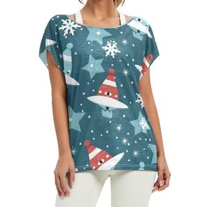 Kerstmutsen, sneeuw, korte vleermuismouwen, shirt met ronde hals, T-shirts, losse tops voor meisjes, Patroon, XXL