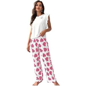 Dames pyjama hart print broek sets 2-delige nachtkleding ruches kapmouw en lange broek zachte gezellige loungeset(Pink,XL)