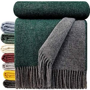 STTS International Wollen deken, 100% scheerwol, woondeken in verschillende kleuren, sprei, plaid Tirol (grijs/groen (dubbelzijdig), 140 x 200 cm)
