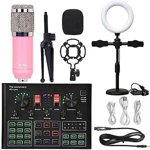 Geluidskaartset, Microfoon Ring Fill Light Statief Mic Kit Met Live Geluidskaart Draadloze Karaoke Professionele Studio Condensator Microfoon(Pink BM900 LED)