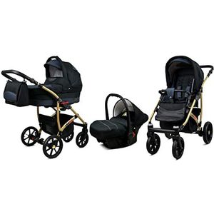 BabyLux Largo 3 in 1 Baby Reis Systeem Kinderwagen Autostoel Afneembare Regenhoes Voetenzak Dragende Wielen Pasgeborene tot Baby Black Grey Gold Frame