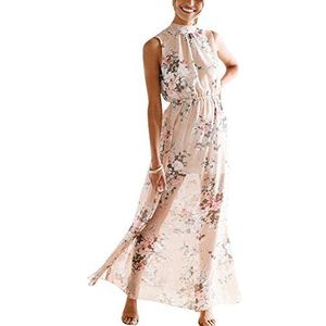 Anyu Maxi jurk voor dames, halterhals, bloemenprint, mouwloos, zomer, strand, splitjurk, roze, L